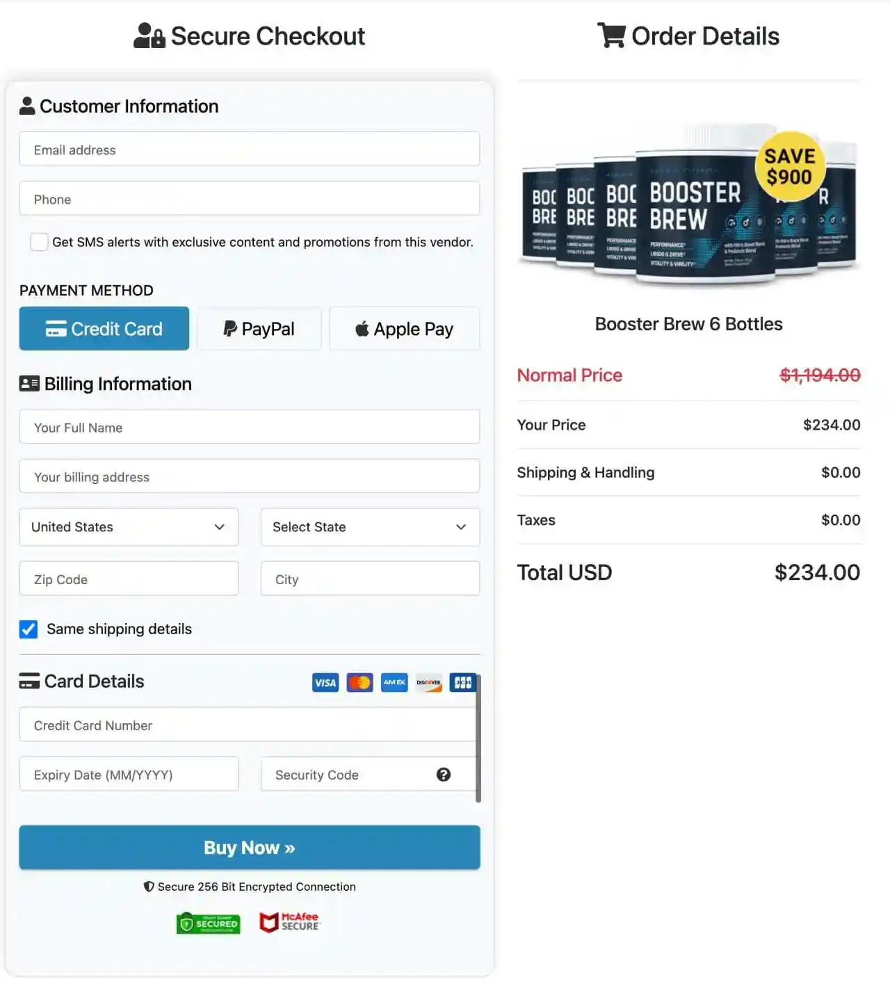 Booster Brew Secure Order Page — Checkout